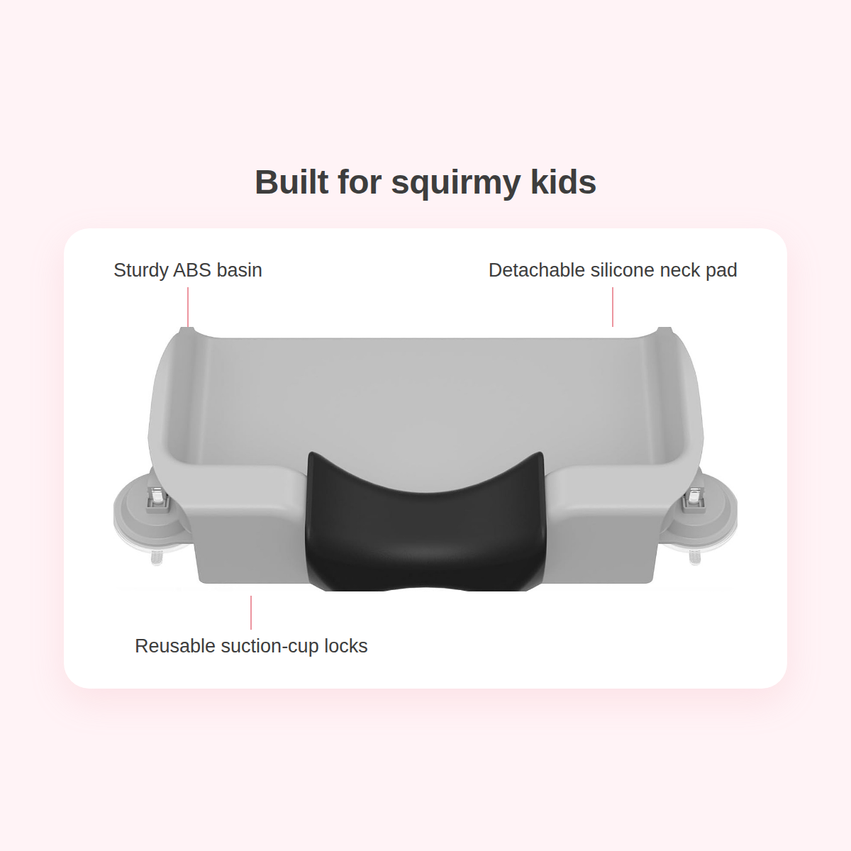 Key details: sturdy ABS plastic basin, detachable silicone neck pad, reusable suction cups.
