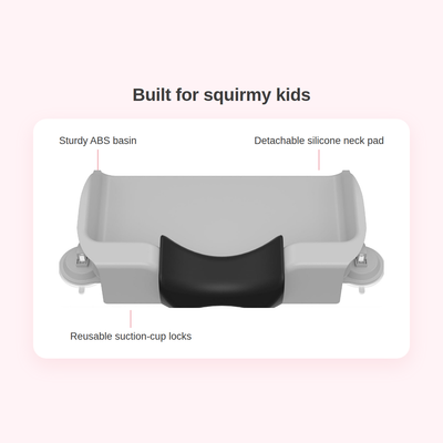 Key details: sturdy ABS plastic basin, detachable silicone neck pad, reusable suction cups.