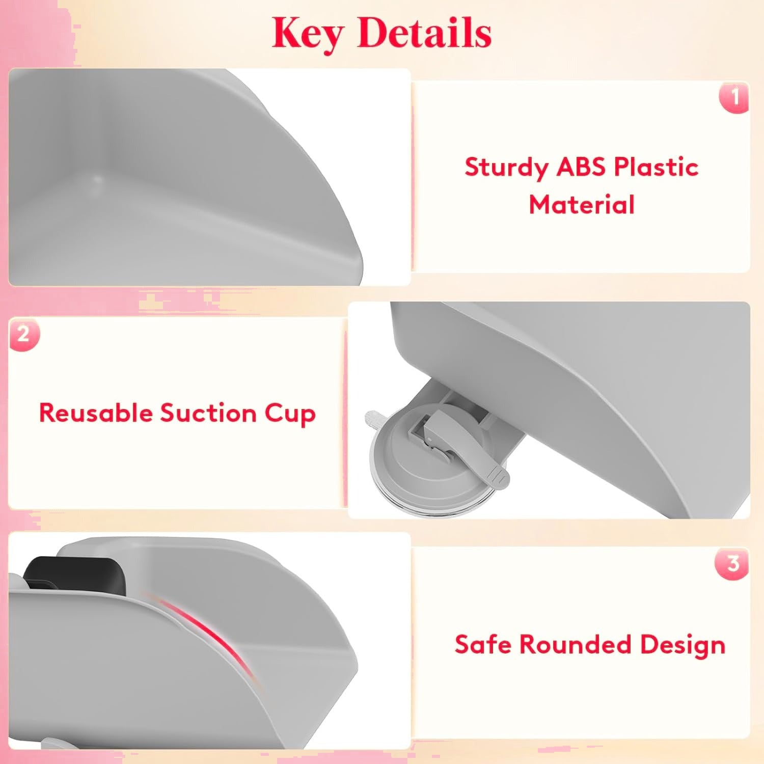 Key details: sturdy ABS plastic, reusable suction cup, and safe rounded design.