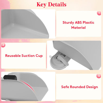 Key details: sturdy ABS plastic, reusable suction cup, and safe rounded design.
