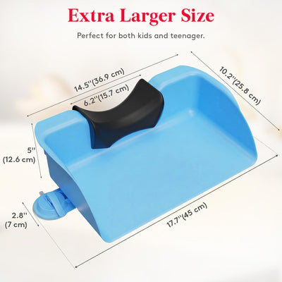Extra-large 17.7 x 10.2 inch basin fits toddlers to teens, with sturdy ABS and reusable suction cups.