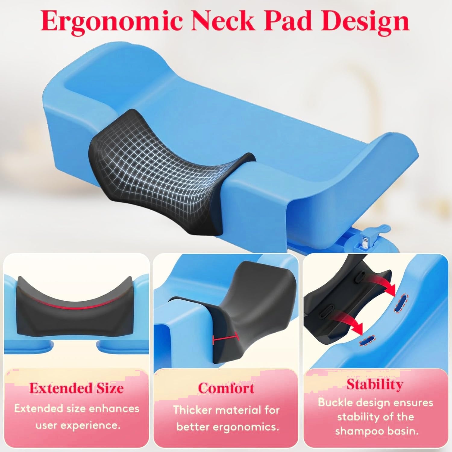Ergonomic neck pad with extended size, thicker cushioning, and buckle-secured stability.