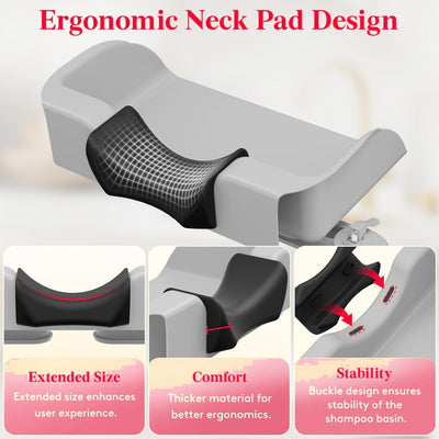 Extended, thickened neck rest cushions the head so wash time stays comfortable.