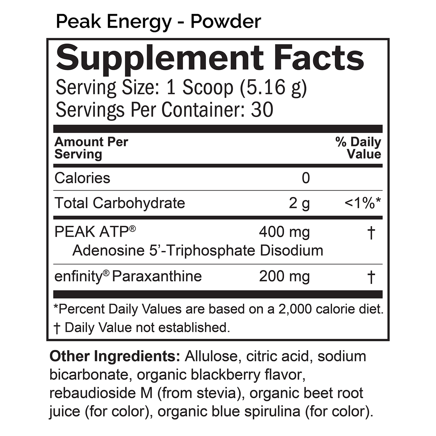 Peak Energy Powder supplement facts panel
