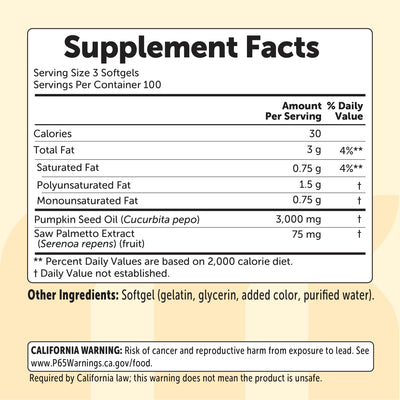 Supplement facts - 3,000mg pumpkin seed oil and 75mg saw palmetto per 3-softgel serving, 100 servings per container