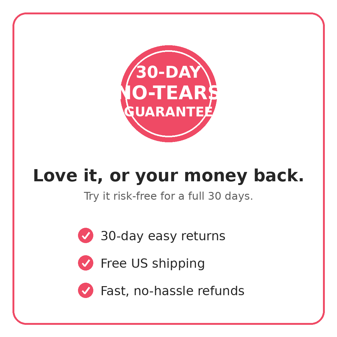 30-Day No-Tears Guarantee: love it or your money back, plus free US shipping.